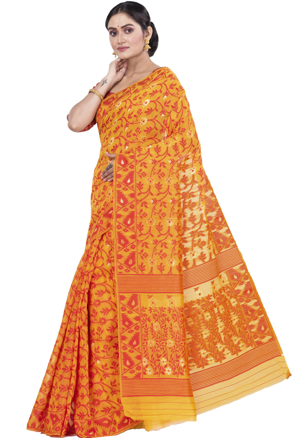 Yellow Blended Cotton Kanak_Jmdni Jamdani Saree (685)